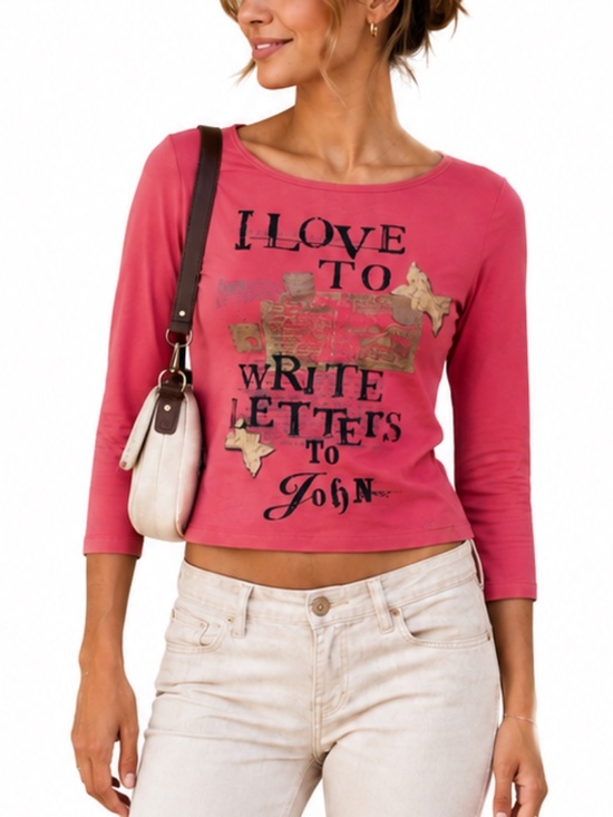 John Galliano Tops - Galliano Women’s Pink "I love to write letters to John" Graphic top Size XS